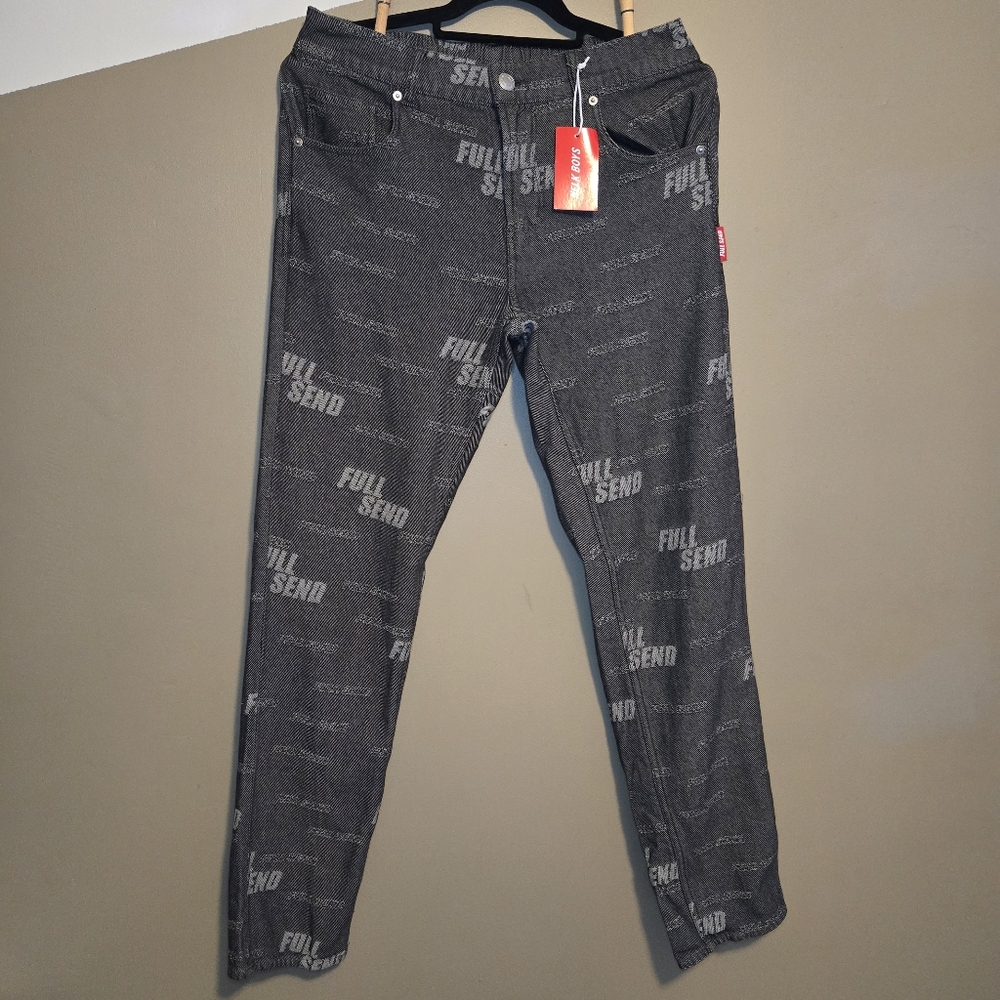 Full Send By Nelk Boys All Over Print Denim Style Pants Medium Gray 30-32 Cotton